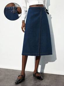 Maija Women's Side Buckle Design A-Line Casual/Work Denim Skirt - Dark Wash - View 3