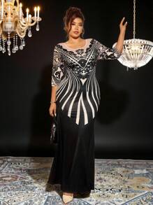 Cravure Vestido de fiesta elegante de talla grande con estampado digital de encaje