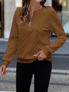 EMERY ROSE Women's Knitted Textured Front Zip Round Neck Sweatshirt In White In Fall/Winter - Brown - View 3