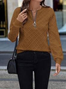 EMERY ROSE Women's Knitted Textured Front Zip Round Neck Sweatshirt In White In Fall/Winter - Brown - View 5