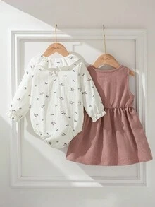 Baby Girls' Spring/Autumn Outfit, Floral Ruffle Collar Romper + Corduroy Pinafore Dress, Soft & Comfortable, Cute For Daily Wear/Cozy Gatherings Fall Winter - Multicolor - View 3