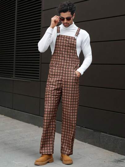 Manfinity CasualCool Men's Plaid Pocket Casual Versatile Bib Overall Jumpsuit, Fall/Winter