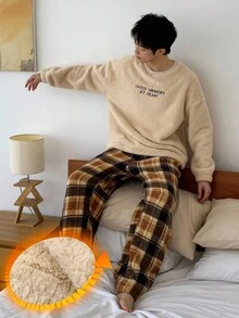 DAZY 男士字母刺绣抓绒卫衣和格子裤家居服套装，秋冬季，蓬松舒适睡衣