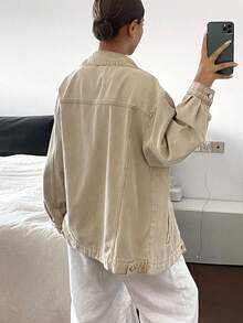 Livesso 女式宽松翻领大口袋牛仔夹克，秋季 - 卡其色 - 查看 2