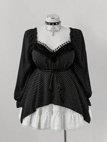 Sunspun Plus Size Polka Dot Lace Patchwork Long Sleeve Asymmetrical Hem Blouse