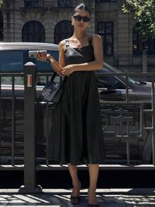 DAZY 女式纯色修身 PU 无袖连衣裙，腰部收紧伞裙，优雅街头风格中长连衣裙，适合秋冬季 - 黑色 - 查看 7