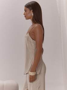 MUSERA ملابس علوية سباغيتي ذو حمالات رفيعة مصنوع من الساتان، قصير وضيق، مناسب للمناسبات الليلية الفاخرة والعطلات والحفلات - كاكي - مشاهدة 5