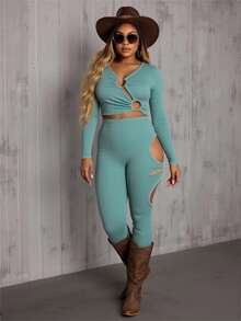 INAWLY Bộ 2 món áo crop top và quần dài cổ chữ V ôm sát bằng kim loại cỡ lớn - xanh quân đội - Xem 5