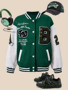 SHEIN Explorewe 女童休闲拼布夹克，正面和袖子绣有字母，斜插口袋，白色纽扣，适合上学、通勤、购物、运动、郊游，可搭配长袖、背心、裤子、运动裤 - 綠色 - 查看 4