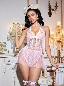 Conjunto de lencería sexy con patchwork de encaje para mujeres - Rosa Pálido - Ver 5