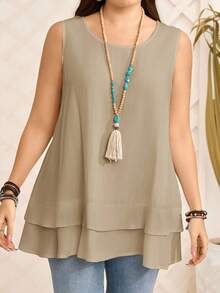 EMERY ROSE Plus Size Solid Color Casual Sleeveless Tank Top, Summer - Apricot - View 6