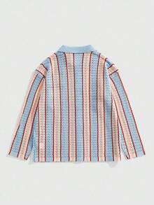 ROMWE MEN Prep 男士撞色条纹镂空针织开衫，秋冬 - 藍色 - 查看 2