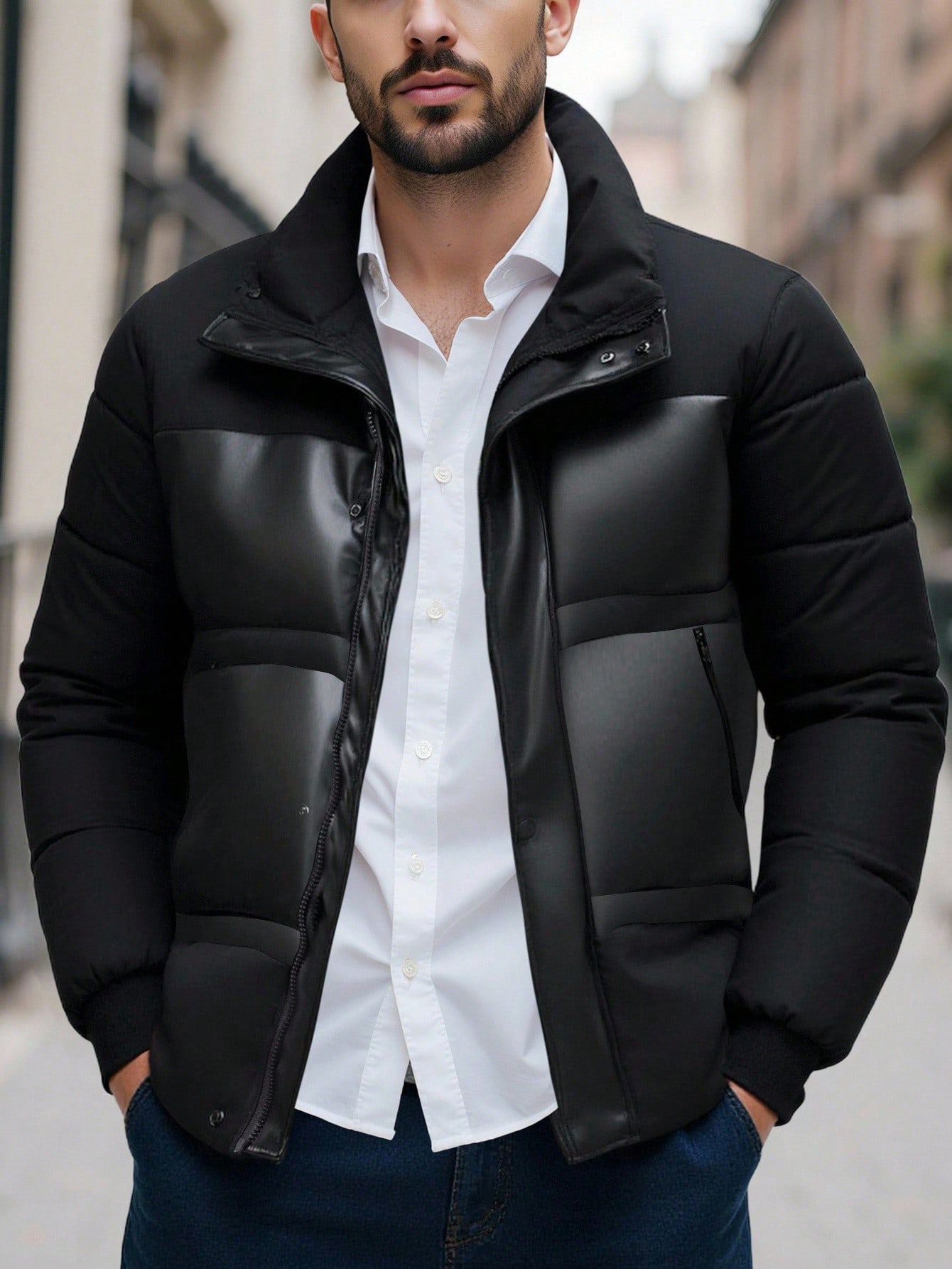 Manfinity Homme معطف كاجوال طويل الأكمام مبطن مع س...