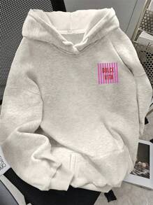 INAWLY Women's Striped Letter Print Drop Shoulder Sweatshirt Fall Cloth For Women - Light Grey - View 2