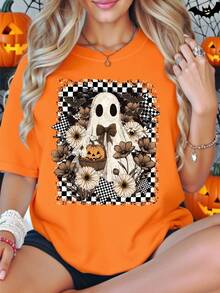 Trang phục hóa trang Halloween cho nữ mùa hè, ngày lễ, thời trang thường ngày, hoạt hình sáng tạo, dễ thương, họa tiết bàn cờ, bí ngô, hoa, ma, quỷ, áo thun tay ngắn cơ bản rộng rãi - Màu Khaki - Xem 1