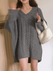 DAZY 宽松圆领麻花针织长袖休闲中长款毛衣，法式时尚秋冬 - 灰色 - 查看 7