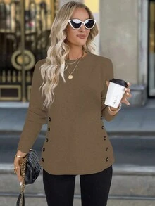 Chiquease Women's Solid Color Long Sleeve Double-Breasted Casual Sweater, Autumn Fall Winter Cloth For Women - Coffee Brown - View 4