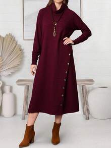 EMERY ROSE Plus Size Women's Solid Color Stand Collar Button Down Long Sleeve Dress, Autumn - Burgundy - View 3