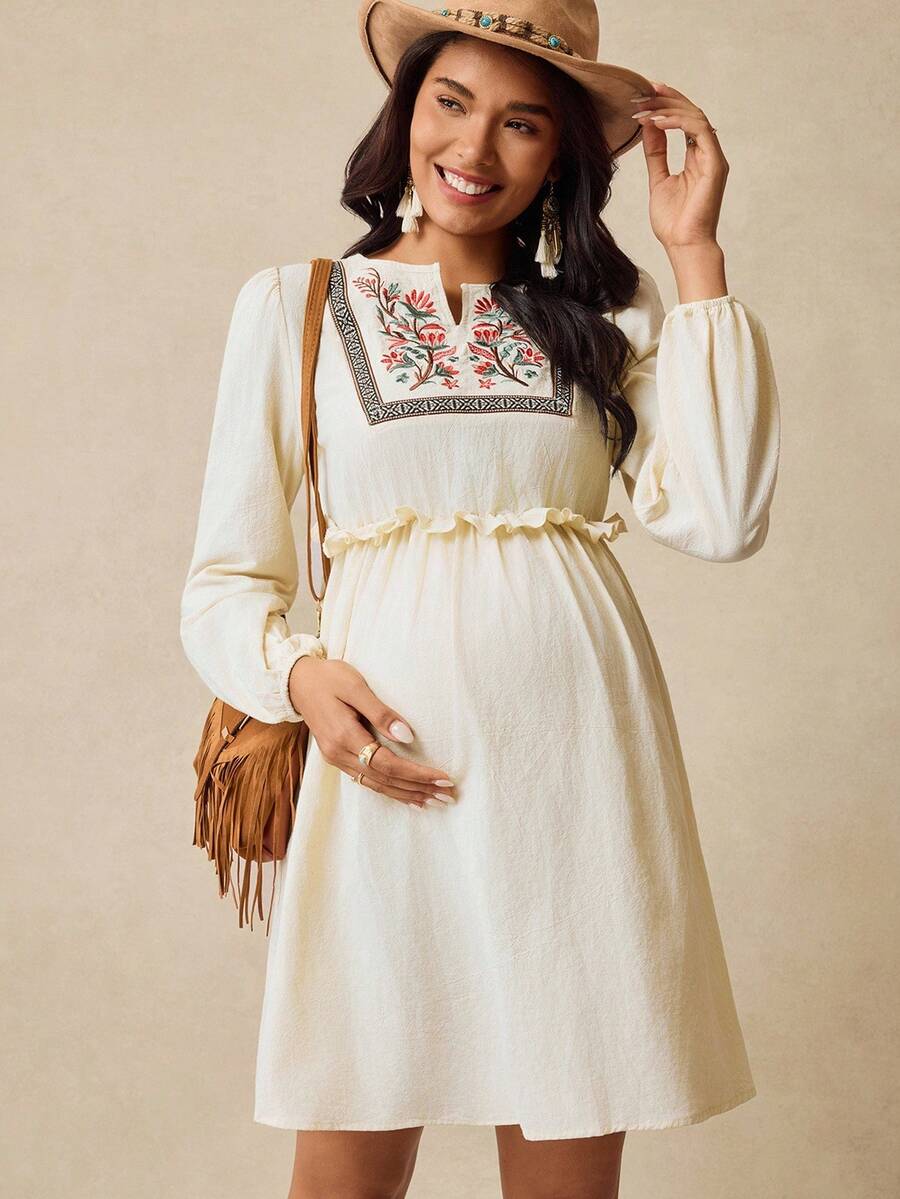 Boho Mama Abito casual da maternità per vacanze, con ricamo floreale e maniche a lanterna, autunnale - Albicocca - Visualizzare 1