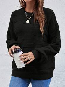 EMERY ROSE 女士纯色圆领长袖宽松休闲套头衫，秋季 - 黑色 - 查看 4