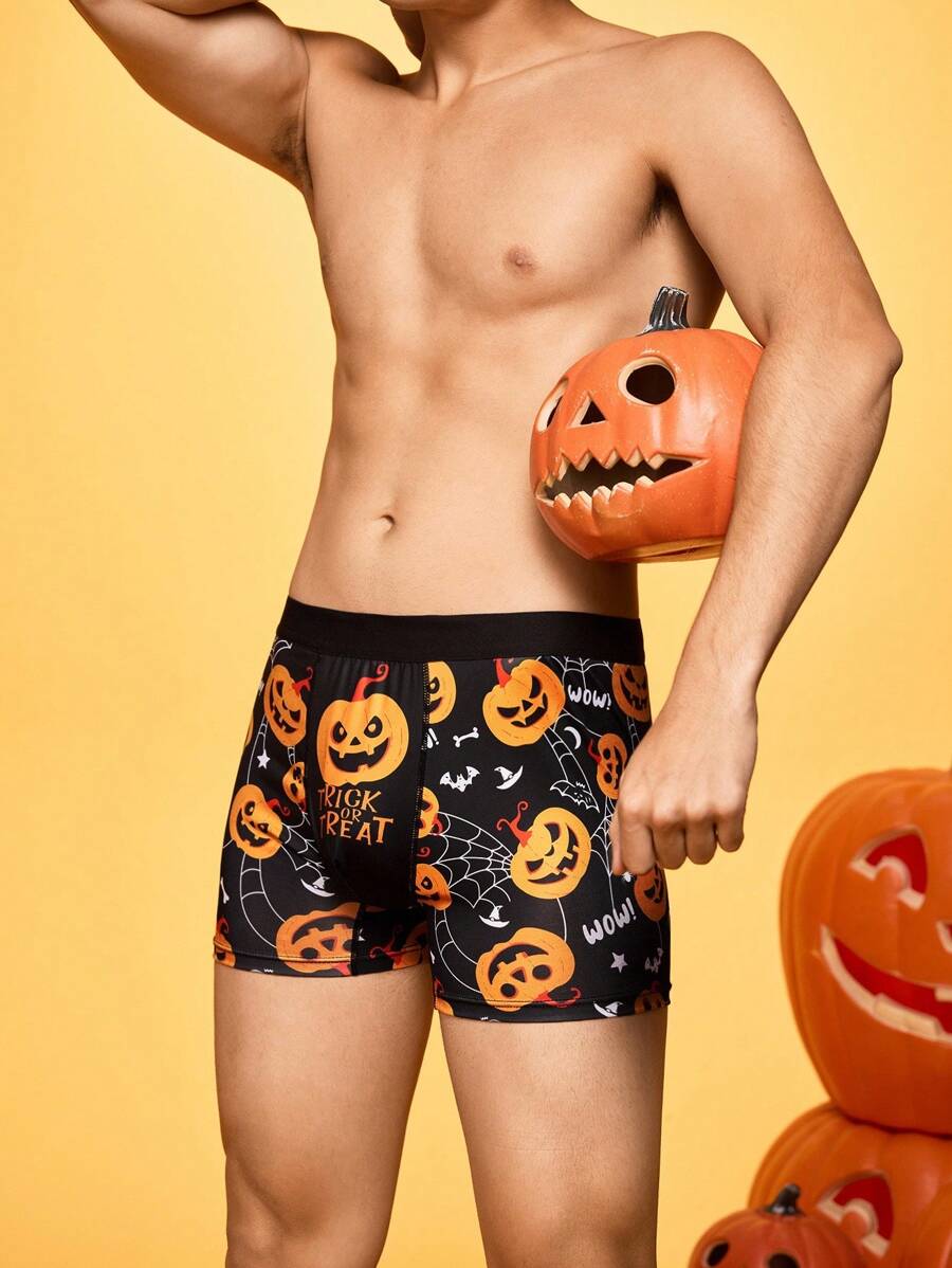 Notgurli Men's Halloween Funny Pumpkin, Spider Web, Bat Graphic Comfortable Casual Boxer Briefs, For Halloween Party - Black - View 1