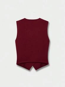 Sweetra 女士休闲修身无袖背心 - 酒紅色 - 查看 2