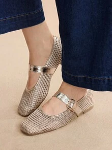 Rosivie 女士时尚杏色编织镂空平底鞋 - 金色 - 查看 3