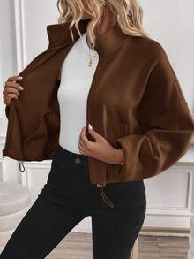 Easowa 女士拉链抽绳长袖保暖抓绒时尚休闲立领卫衣，棕色，秋冬季 - 棕色 - 查看 5