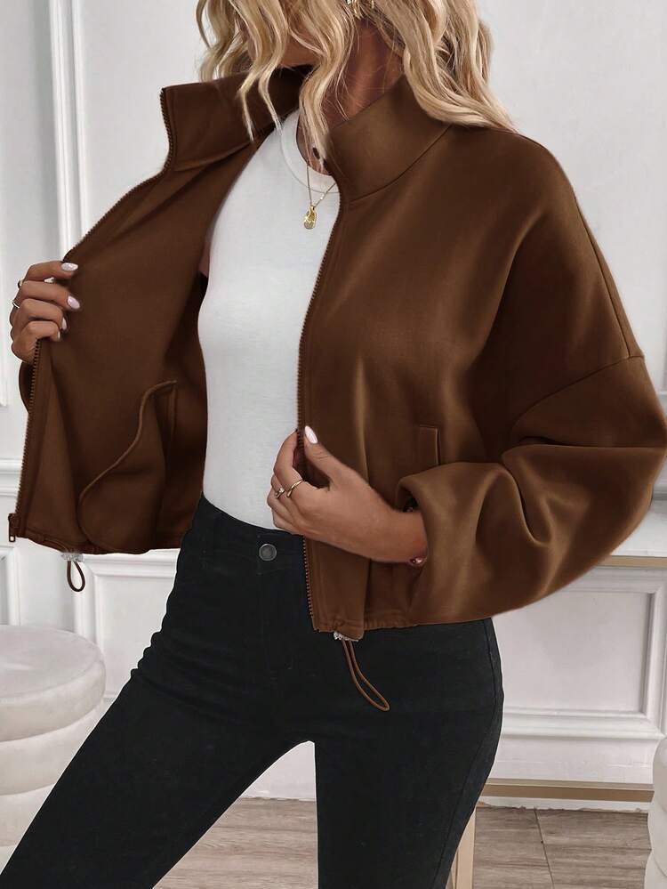 Easowa Sudadera con cremallera, cordón y manga larga de forro polar cálido, de estilo casual y cuello alto para mujer, color marrón para otoño e invierno - Marrón - Añade 5