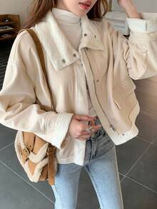 SHEIN Teen Girls Winter Jacket, Girl Loose Zip-Up Lined Casual Jacket, Autumn/Winter Streetwear - Beige - View 4
