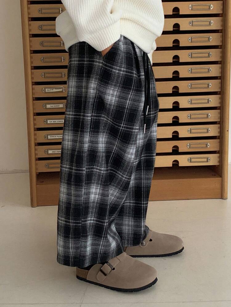 Young Boys Casual Loose Straight Leg Plaid Pants, Japanese Style For Autumn