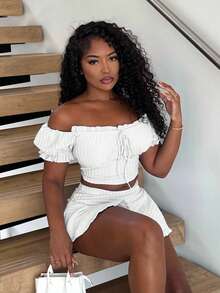 Alexandranx Beach;Summer Vacation Outfits Princess Sleeves Ruffle Holiday White Two Pieces Set Short Sets - White - View 6