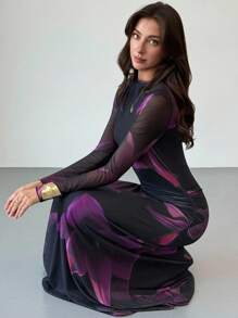 Aloruh 全新秋冬紫色扎染花卉网眼印花派对长袖修身连衣裙 - 紫色 - 查看 7