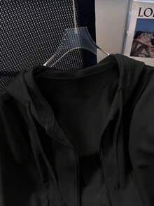 SHEIN 女士纯色连帽拉链休闲百搭长袖夹克 - 黑色 - 查看 3