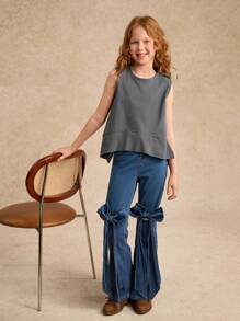 2025 Spring/Summer New Casual Comfortable Asymmetrical Hem Dark Grey Tween Girls Tank Top, Suitable For Daily Wear, Outdoor Activities And Family Vacation Gatherings - Grey - View 5