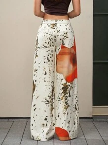 SHEIN EZwear 女士休闲印花低腰直筒牛仔裤，适合音乐节 - 卡其色 - 查看 2