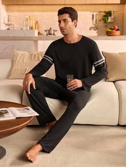 Manfinity Underwear&Sleepwear Basics Heren pyjamaset met gestreepte ronde hals, lange mouwen en broek, herfst/winterkleding en loungekleding