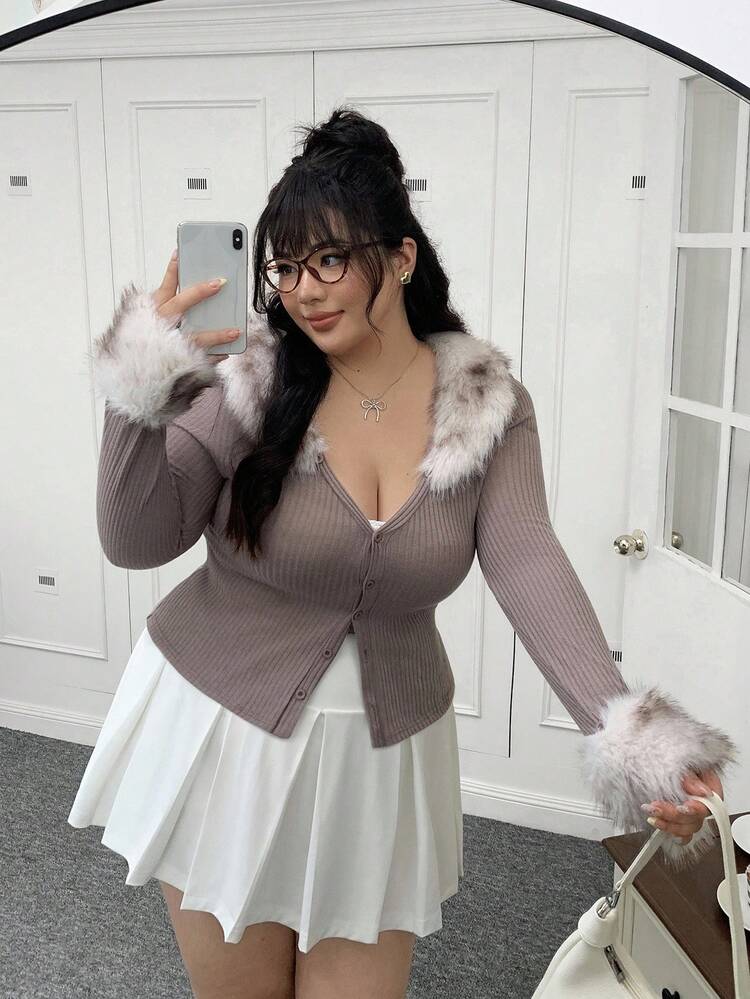 CovetEZ Áo khoác tay dài ôm sát cổ lông màu khối cỡ lớn, mùa thu/đông - Màu Khaki - Xem 1