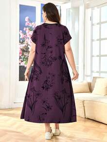 SHEIN Lacomfia Đầm dài tay ngắn dáng rộng thoải mái mùa hè cho nữ cỡ lớn - Màu tím - Xem 2