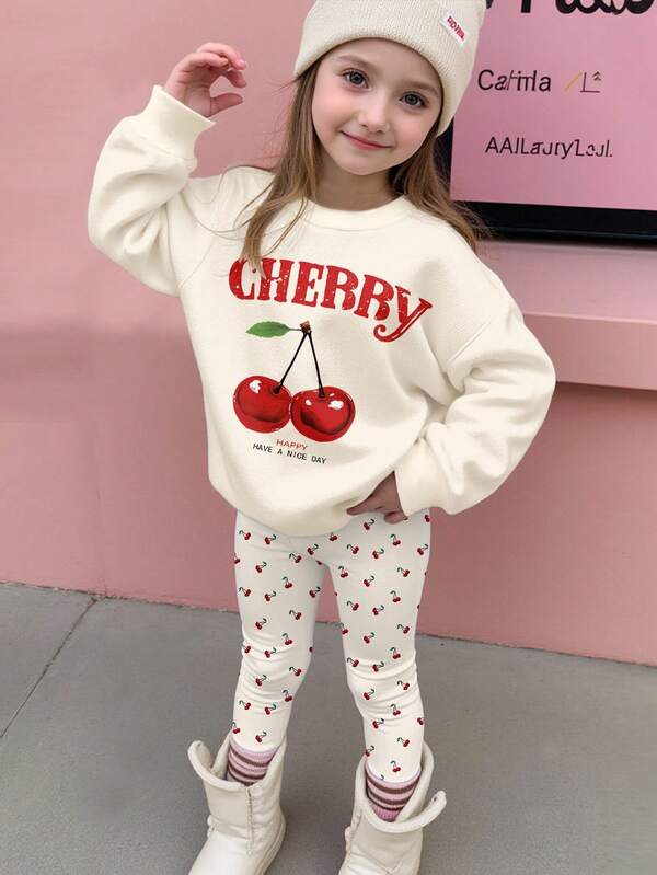 SHEIN Cream White, Cute Mini Vintage Cherry Pattern, Young Girl Casual Knit Soft Thick Crew Neck Long Sleeve Sweatshirt And Skinny Leggings Pants, Suitable For Autumn/Winter, Easy Comfort, Autumn Layers For Kids, Stylish Kids, Casual Wear, Baby Graphic Clothes, Fall Clothes, Homecoming, Back To School Cherry Kids Outfit Cherry Girls Clothes Girls Comfy Set Cute Cherry Outfit Cherry Pajamas