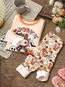 SHEIN Cremefarbenes helles Apricot, süßes und lustiges Cartoon Halloween Kürbis, Geist, Spinnennetz, Fledermaus, Totenkopf, Tiermuster Baby Mädchen Lässig Minimalistisch Weich Bequem Rundhals Langarm T-Shirt und Leggings Thermisch gefütterte dicke Pyjamas, geeignet für Herbst/Winter - Verschiedenfarbig - Übersicht 3