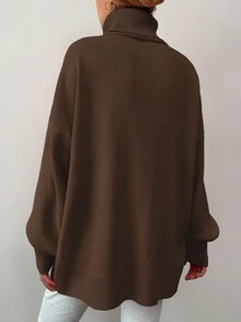 EURMUSE 女士休闲纯色高领宽松毛衣，适合秋冬季 - 棕色 - 查看 2