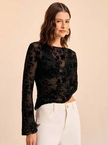 CAJUNI Women's Casual Mesh Flocked Floral Pattern Blouse Autumn Outfits For Women Elegant Women's Blouses Casual Blouses For Women