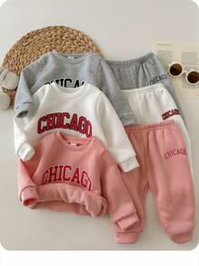 SHEIN 6 件套女婴可爱白色字母图案长袖连帽衫和松紧腰长裤，秋冬