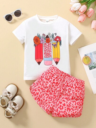 2pcs/Set Young Girls' Colorful Vacation Cartoon Bow Print Pink Short Sleeve T-Shirt And Black White Checkered Shorts Set, Suitable For Summer Casual Wear, ChicAutumn, Halloween, Christmas Girls Summer Sets Girls Cute Set Young Girl Summer Clothes Leopard Print Shorts Set Girl Pencil Print Shirt Girl