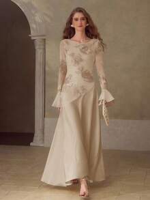 MOTF PREMIUM EMBROIDERY CONTRAST MESH DRESS - Khaki - View 4