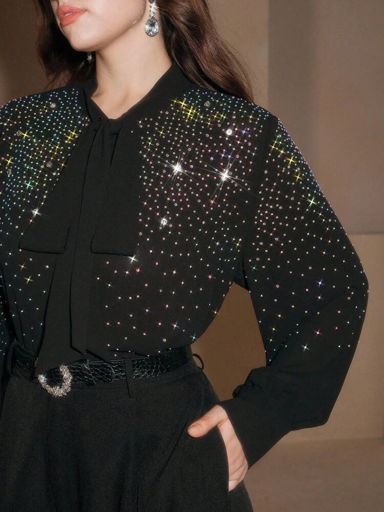 Plus Size Women Elegant Loose Fit Long Sleeve Black Blouse