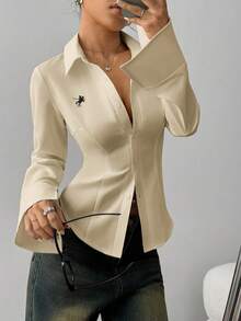 TRNVIE Women's Casual Autumn Knight Embroidery Front Button Waist Fitted Shirt - Light Yellow - View 3
