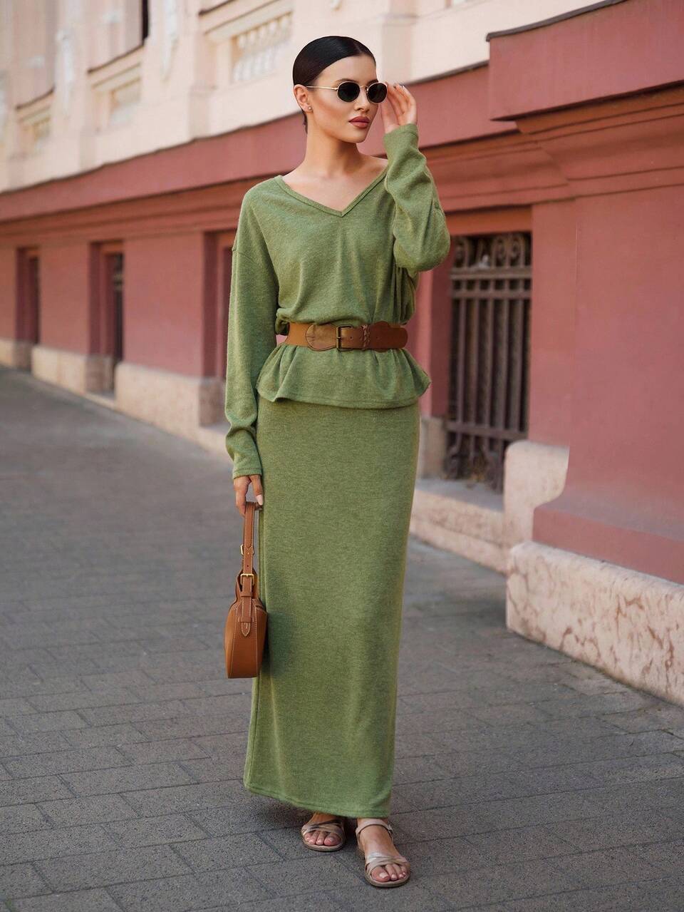 2025 New Women's Clothing Olive Green 2-Piece Set,Autumn Casual Long Sleeve Top & Skirt,Wedding Guest Dresses,Business Casual,Brunch Church Outfits