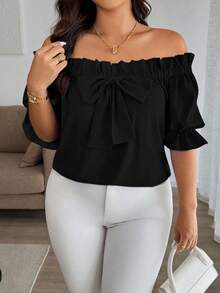 Easura 大码女式可变换露肩衬衫，优雅上班，蝴蝶结装饰，露肩上衣 - 黑色 - 查看 6